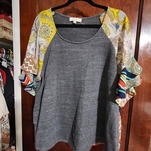 Umgee Gray Top with Multicolor Paisley Sleeves